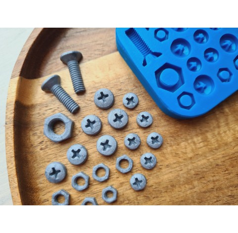 Silicone mold, Screw and bolt, style 3, 22 elements, ~ 0.6-2 cm, H:0.3-0.7 cm