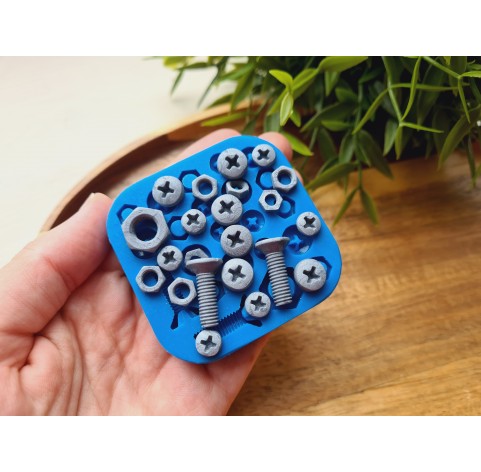 Silicone mold, Screw and bolt, style 3, 22 elements, ~ 0.6-2 cm, H:0.3-0.7 cm