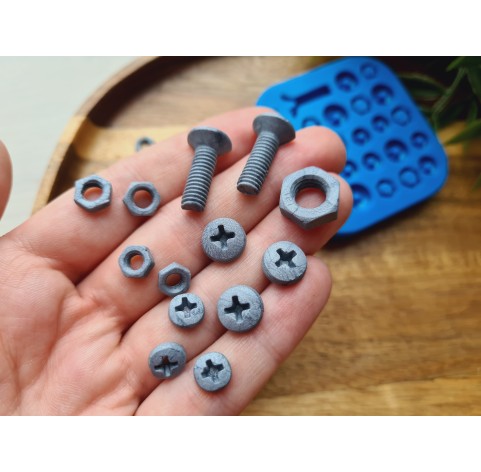 Silicone mold, Screw and bolt, style 3, 22 elements, ~ 0.6-2 cm, H:0.3-0.7 cm
