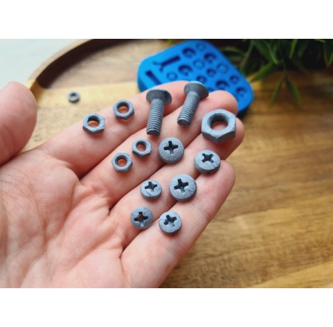 Silicone mold, Screw and bolt, style 3, 22 elements, ~ 0.6-2 cm, H:0.3-0.7 cm
