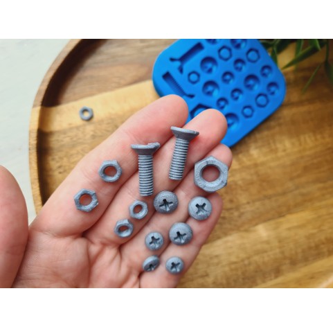 Silicone mold, Screw and bolt, style 3, 22 elements, ~ 0.6-2 cm, H:0.3-0.7 cm