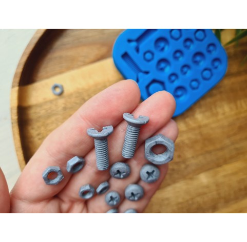 Silicone mold, Screw and bolt, style 3, 22 elements, ~ 0.6-2 cm, H:0.3-0.7 cm