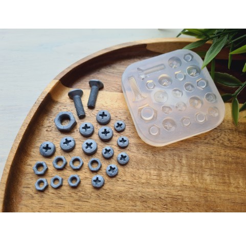 Silicone mold, Screw and bolt, style 3, 22 elements, ~ 0.6-2 cm, H:0.3-0.7 cm