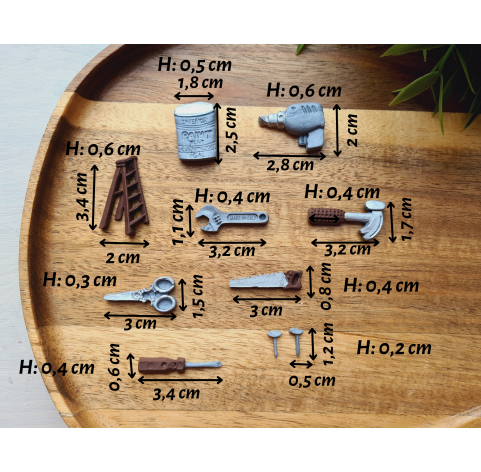 Silicone mold, Tools, style 2, 10 elements, ~ 0.5-3.4 cm, H:0.2-0.6 cm
