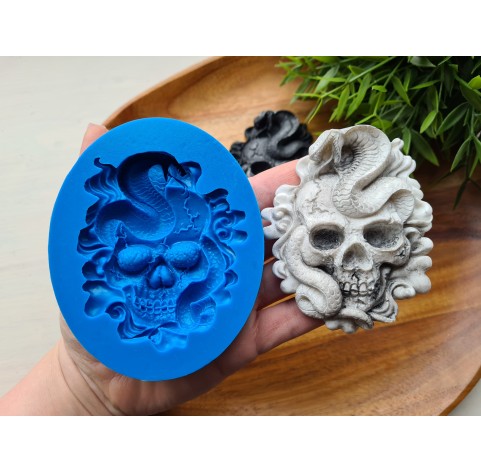 Silicone mold, Skull, style 2, with a snake, ~ 7.3*8.8 cm, H:1.5 cm