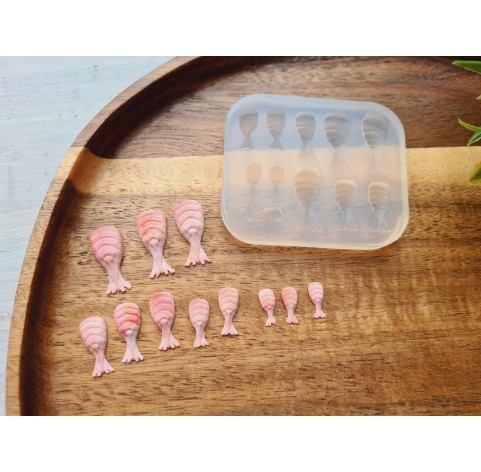 Silicone mold, Lobster, scale 1:12, style 2, peeled tail, 11 elements, ~ 0.4-2.1 cm, H:0.2-0.4 cm