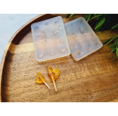 Silicone mold, Lollipop, style 2, cockerel, 2 elements, 2 parts mold, ~ 1-2 cm, H:0.4-0.5 cm