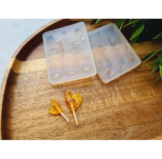Silicone mold, Lollipop, style 2, cockerel, 2 elements, 2 parts mold, ~ 1-2 cm, H:0.4-0.5 cm