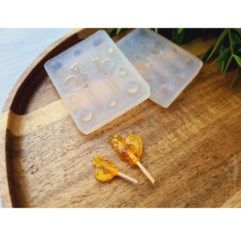 Silicone mold, Lollipop, style 2, cockerel, 2 elements, 2 parts mold, ~ 1-2 cm, H:0.4-0.5 cm