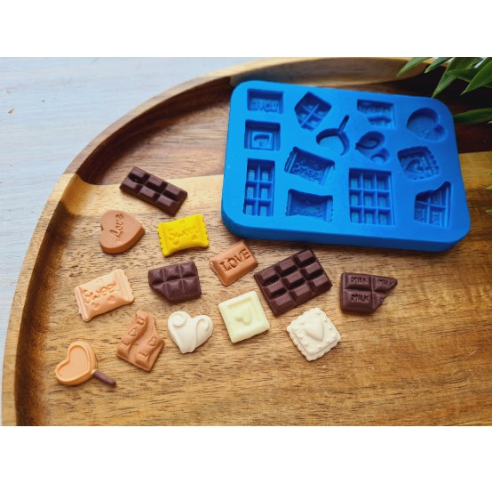 Silicone mold, Set of sweets, style 8, 13 elements, ~ 1.1-2.3 cm, H:0.3-0.5 cm