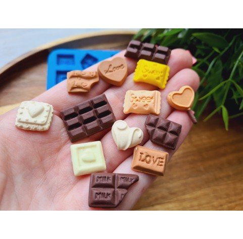 Silicone mold, Set of sweets, style 8, 13 elements, ~ 1.1-2.3 cm, H:0.3-0.5 cm
