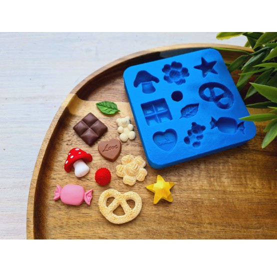 Silicone mold, Set of sweets, style 10, 10 elements, ~ 1-2.3 cm, H:0.2-0.9 cm