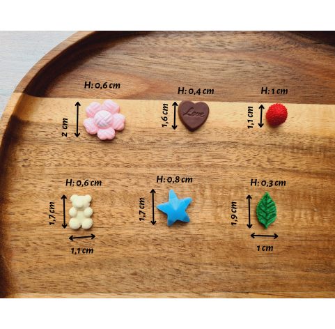 Silicone mold, Set of sweets, style 10, 10 elements, ~ 1-2.3 cm, H:0.2-0.9 cm