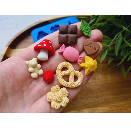 Silicone mold, Set of sweets, style 10, 10 elements, ~ 1-2.3 cm, H:0.2-0.9 cm