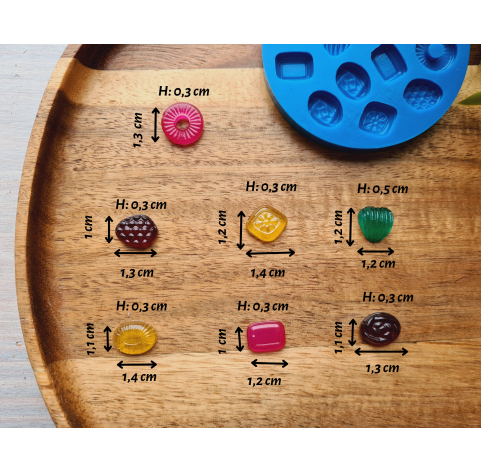 Silicone mold, Set of sweets, style 11, 13 elements, ~ 1.2-1.4 cm, H:0.2-0.5 cm