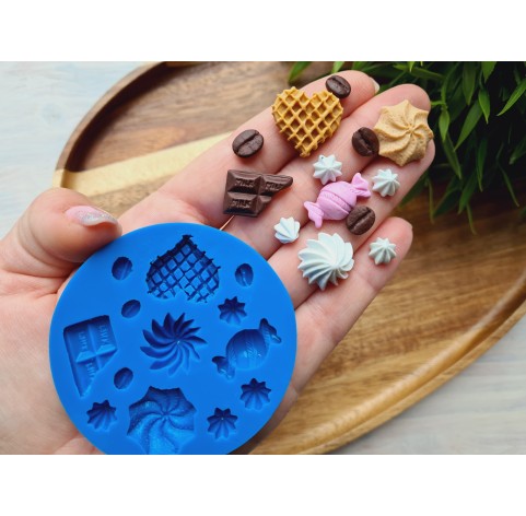 Silicone mold, Set of sweets, style 14, 13 elements, ~ 0.8-2.2 cm, H:0.3-0.8 cm