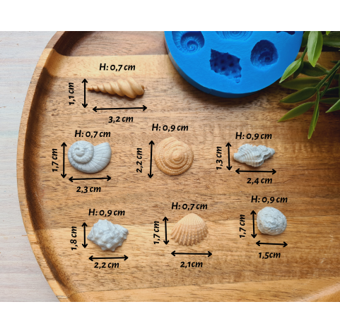 Silicone mold, Seashell, style 3, artificial, 7 elements, ~ 1.3-3.2 cm, H:0.7-0.9 cm