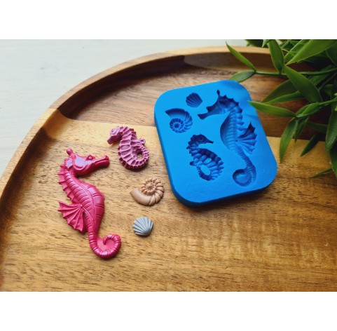 Silicone mold, Sea horse and seashell, 4 elements, ~ 0.8-5.4 cm, H:0.3-0.6 cm