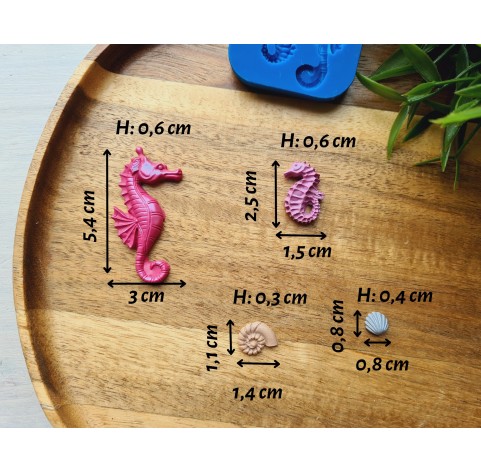 Silicone mold, Sea horse and seashell, 4 elements, ~ 0.8-5.4 cm, H:0.3-0.6 cm