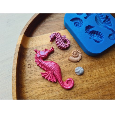 Silicone mold, Sea horse and seashell, 4 elements, ~ 0.8-5.4 cm, H:0.3-0.6 cm