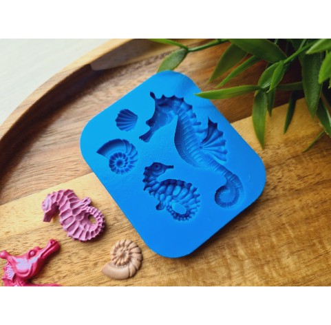 Silicone mold, Sea horse and seashell, 4 elements, ~ 0.8-5.4 cm, H:0.3-0.6 cm