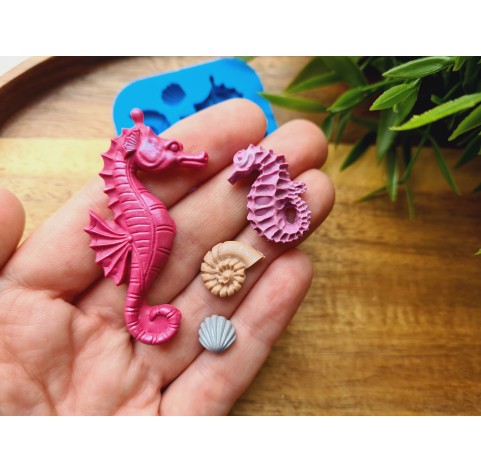 Silicone mold, Sea horse and seashell, 4 elements, ~ 0.8-5.4 cm, H:0.3-0.6 cm