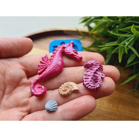 Silicone mold, Sea horse and seashell, 4 elements, ~ 0.8-5.4 cm, H:0.3-0.6 cm