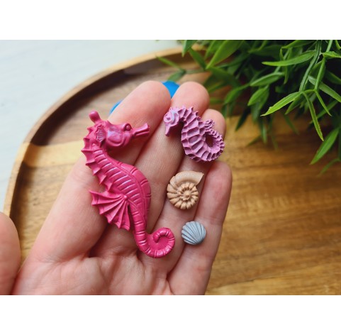 Silicone mold, Sea horse and seashell, 4 elements, ~ 0.8-5.4 cm, H:0.3-0.6 cm