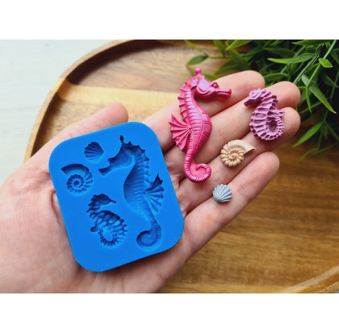 Silicone mold, Sea horse and seashell, 4 elements, ~ 0.8-5.4 cm, H:0.3-0.6 cm