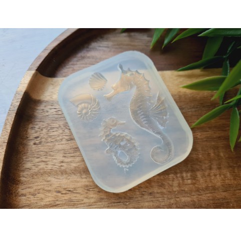 Silicone mold, Sea horse and seashell, 4 elements, ~ 0.8-5.4 cm, H:0.3-0.6 cm