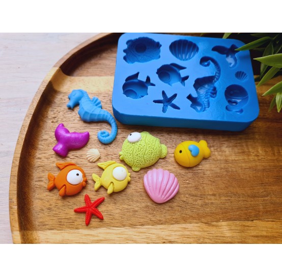 Silicone mold, Sea life set, style 2, 9 elements, ~ 0.7-4.4 cm, H:0.2-0.9 cm