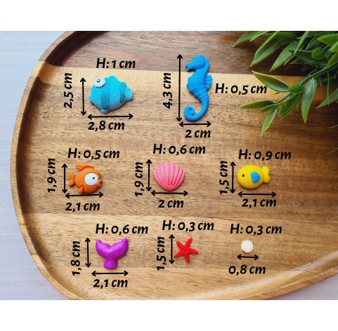 Silicone mold, Sea life set, style 2, 9 elements, ~ 0.7-4.4 cm, H:0.2-0.9 cm