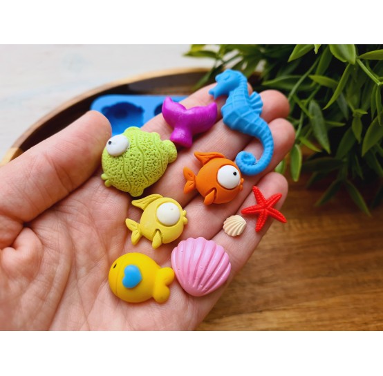 Silicone mold, Sea life set, style 2, 9 elements, ~ 0.7-4.4 cm, H:0.2-0.9 cm