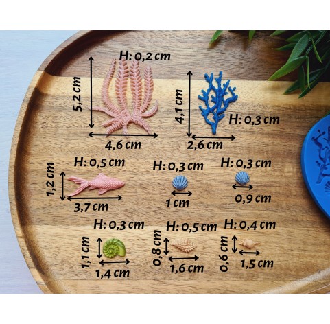 Silicone mold, Sea life set, style 4, 8 elements, ~ 0.6-5.2 cm, H:0.2-0.5 cm