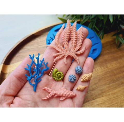 Silicone mold, Sea life set, style 4, 8 elements, ~ 0.6-5.2 cm, H:0.2-0.5 cm