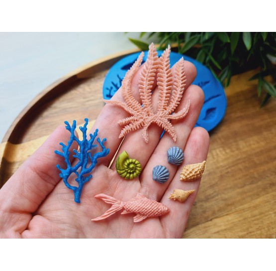 Silicone mold, Sea life set, style 4, 8 elements, ~ 0.6-5.2 cm, H:0.2-0.5 cm