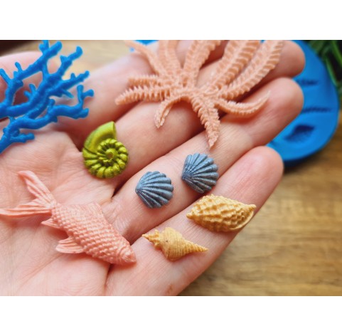 Silicone mold, Sea life set, style 4, 8 elements, ~ 0.6-5.2 cm, H:0.2-0.5 cm