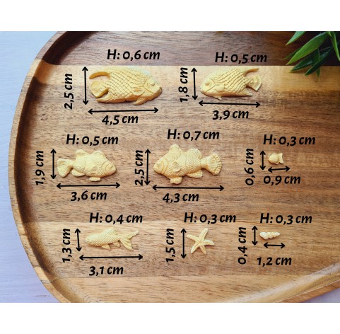Silicone mold, Sea life set, style 5, 8 elements, ~ 0.5-2.5*1-4.5 cm, H:0.3-0.7 cm