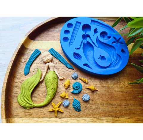 Silicone mold, Mermaid and sea life set, 13 elements, ~ 1-1.7 cm, 5.6*6.6 cm, H:0.3-0.7 cm