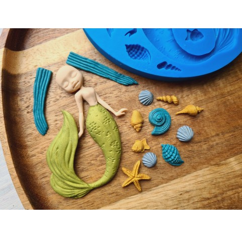 Silicone mold, Mermaid and sea life set, 13 elements, ~ 1-1.7 cm, 5.6*6.6 cm, H:0.3-0.7 cm