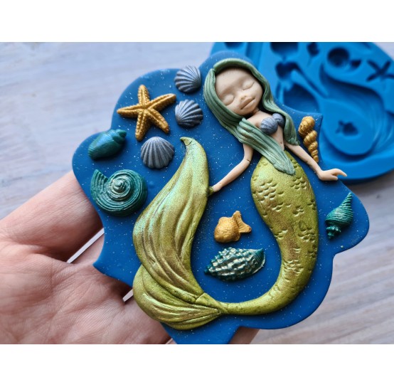 Silicone mold, Mermaid and sea life set, 13 elements, ~ 1-1.7 cm, 5.6*6.6 cm, H:0.3-0.7 cm