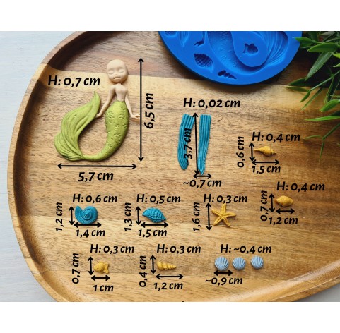 Silicone mold, Mermaid and sea life set, 13 elements, ~ 1-1.7 cm, 5.6*6.6 cm, H:0.3-0.7 cm