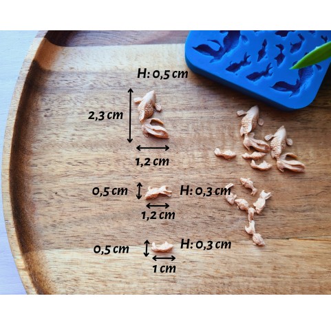 Silicone mold, Fish, style 6, 13 elements, ~ 0.5*2.3 cm, H:0.3-0.5 cm