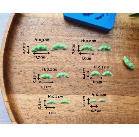 Silicone mold, Pea pod, 1:6-1:12 scale, style 2, ~ 0.3-1.7 cm, H:0.1-0.3 cm
