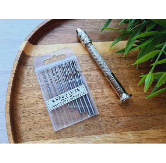 Mini hand drill for jewelry processing, 10 pcs. drill bits