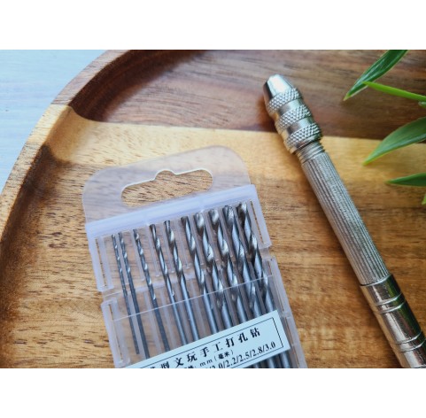Mini hand drill for jewelry processing, 10 pcs. drill bits