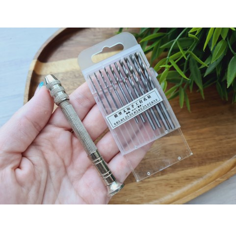 Mini hand drill for jewelry processing, 10 pcs. drill bits