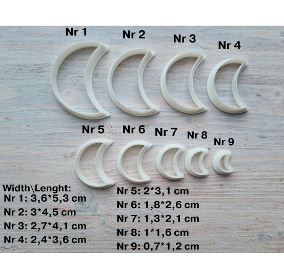 "Crescent moon, style 2", set of 9 cutters, one clay cutter or FULL set