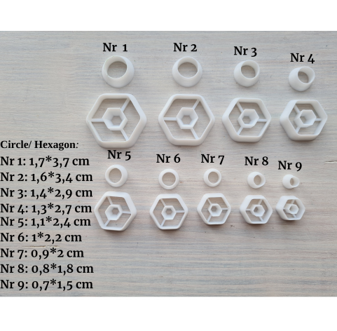 "Earring, style 6, hexagon, 2 parts", set of 9 cutters, one clay cutter or FULL set