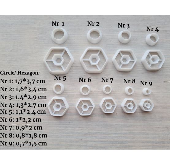 "Earring, style 6, hexagon, 2 parts", set of 9 cutters, one clay cutter or FULL set